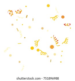Gold bright Confetti and serpentine set, bright colorful background, cute and fun decoration. Vector illustration for celebration, party, festive, holiday. Design for cards, invitations 