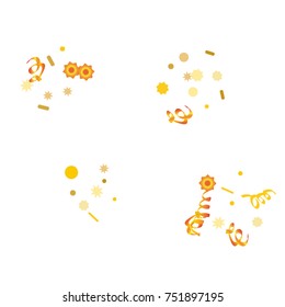 Gold bright Confetti and serpentine set, bright colorful background, cute and fun decoration. Vector illustration for celebration, party, festive, holiday. Design for cards, invitations 