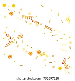Gold bright Confetti and serpentine set, bright colorful background, cute and fun decoration. Vector illustration for celebration, party, festive, holiday. Design for cards, invitations 
