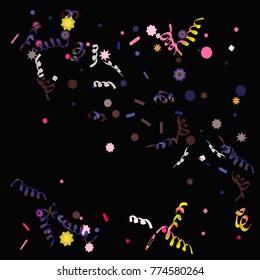 Gold bright Confetti and serpentine set, bright colorful background, cute and fun decoration. Vector illustration for celebration, party, festive, holiday. Design for cards, invitations 
