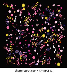 Gold bright Confetti and serpentine set, bright colorful background, cute and fun decoration. Vector illustration for celebration, party, festive, holiday. Design for cards, invitations 