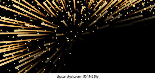Gold bright firework, confetti on black Christmas background. Golden decoration abstract design Happy New Year card, greeting, Xmas holiday celebrate, invitation. Space effect Vector illustration