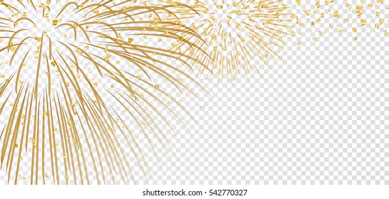 Gold bright firework on white transparent Christmas background. Golden decoration glitter abstract design Happy New Year card, greeting, Xmas holiday celebrate, invitation. Vector illustration
