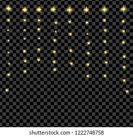 Gold bright glowing and shining star flares effect isolated on black 
background. Vector illustration