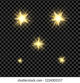 Gold bright glowing and shining star flares effect isolated on transparent background. Vector illustration