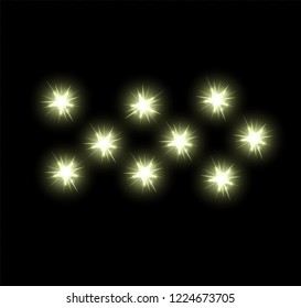 Gold bright glowing and shining star flares effect isolated on black background. Vector illustration