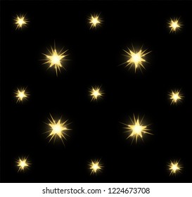 Gold bright glowing and shining star flares effect isolated on black background. Vector illustration