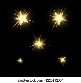 Gold bright glowing and shining star flares effect isolated on black background. Vector illustration