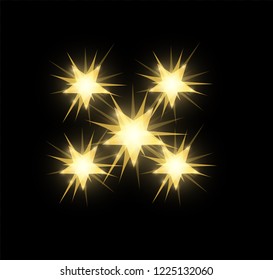Gold bright glowing and shining star flares effect isolated on black background. Vector illustration