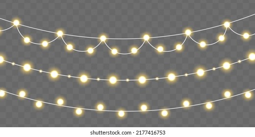 Gold bright lights bulbs for poster, card, or web. Christmas, New Year, wedding or Birthday decor. Led neon lamp. Glowing yellow light bulb with sparkles. Set of golden Xmas glowing garland. Vector.