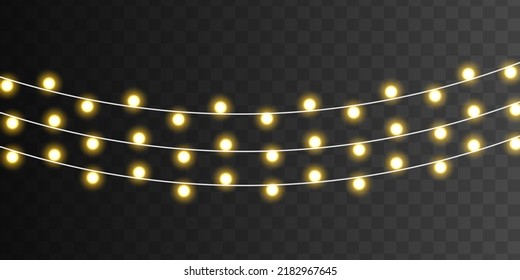Bombillas doradas para afiches, tarjetas o web. Navidad, Año Nuevo, decoración de bodas o cumpleaños. Lámpara de neón. Bombilla de luz amarilla brillante con destellos. Conjunto de guirnaldas de navidad dorada. Vector.