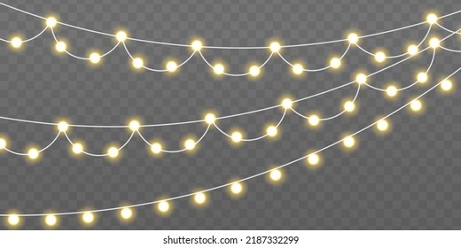 Gold bright lights bulbs for poster, card, or web. Christmas, New Year, wedding or Birthday decor. Led neon lamp. Glowing yellow light bulb with sparkles. Set of golden Xmas glowing garland. Vector.