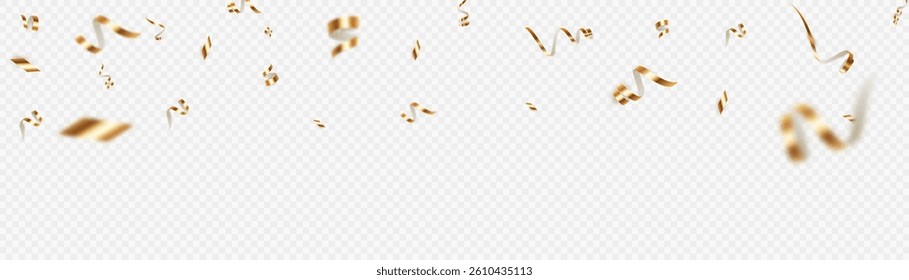 Gold bright ribbon confetti floating in the air on a transparent background. Perfect for festive events, wedding decorations, holiday designs or festive visual effects.