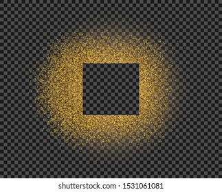 Gold bright scattered dust, on a circle with flickering, light. An empty square in the center. Illustration, template for holiday, anniversary, wedding, Christmas. Vector isolated.