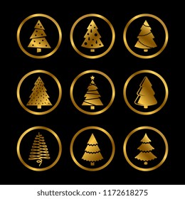 Gold bright silhouette christmas trees vector stylized icons on black background illustration