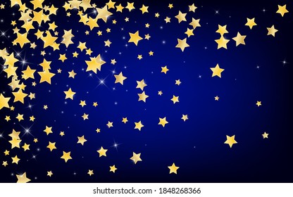 Gold Bright Stars Vector Blue Background. Shimmer Space Design. Sky Border. Yellow Elegant Dust Banner.
