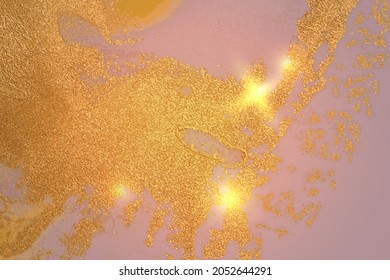 Gold, and bright yellow abstract marble background with sparkles. Vector texture in alcohol ink technique with glitter. Template for banner, poster design. Fluid art painting