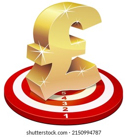 Gold British Pound Sterling currency 3D symbol placed in the middle of a shooting target (cut out)