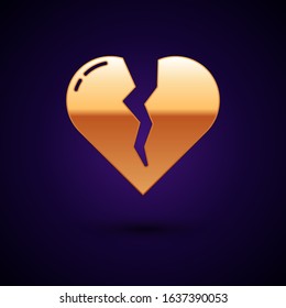 Gold Broken heart or divorce icon isolated on dark blue background. Love symbol. Valentines day.  Vector Illustration