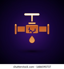 Gold Broken metal pipe with leaking water icon isolated on black background.  Vector Illustration