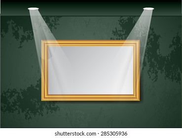 gold bronze frame vector on old wall. Spotlights