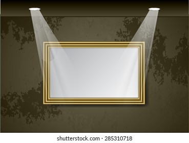 gold bronze frame vector on old wall. Spotlights