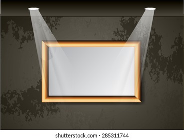 gold bronze frame vector on old wall. Spotlights