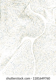 Gold bronze glitter flow background vector illustration. Confetti dust curve lines, flying circle elements. Golden round dots flowing curl, celebration graphic design. Horizontal banner.