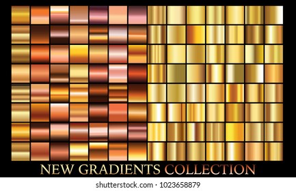 Gold bronze gradient set background vector icon texture metallic illustration for frame, ribbon, banner, coin and label. Realistic abstract golden design seamless pattern. Elegant light shine template