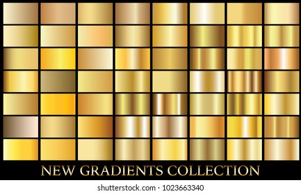 Gold bronze gradient set background vector icon texture metallic illustration for frame, ribbon, banner, coin and label. Realistic abstract golden design seamless pattern. Elegant light shine template