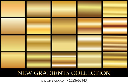 Gold bronze gradient set background vector icon texture metallic illustration for frame, ribbon, banner, coin and label. Realistic abstract golden design seamless pattern. Elegant light shine template