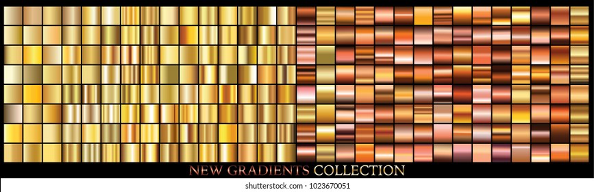 Gold bronze gradient set background vector icon texture metallic illustration for frame, ribbon, banner, coin and label. Realistic abstract golden design seamless pattern. Shine light template