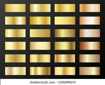 Gold and bronze gradients vector mega set. Metallic gold foil texture gradient swatch templates. Shiny metallic gradients collection for backgrounds, covers, frames, banners, coins, labels, flyers.