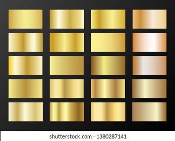 Gold and bronze gradients vector mega set. Metallic gold foil texture gradient swatch templates. Shiny metallic gradients collection for backgrounds, covers, frames, banners, coins, labels, flyers.