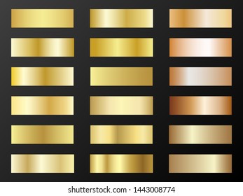 Gold and bronze gradients vector mega set. Metallic gold foil texture gradient swatch templates. Shiny metallic gradients collection for backgrounds, covers, frames, banners, coins, labels, flyers.