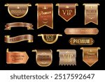 Gold and bronze luxury labels and badges premium quality certificate ribbons vector illustration