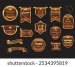 Gold and bronze luxury labels and badges premium quality certificate ribbons vector illustration 