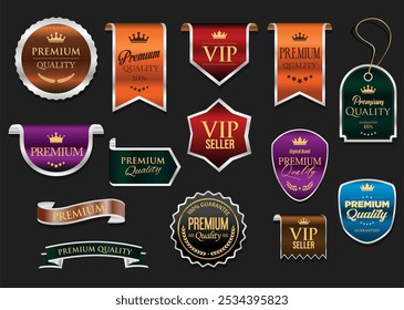 Gold and bronze luxury labels and badges premium quality certificate ribbons vector illustration 