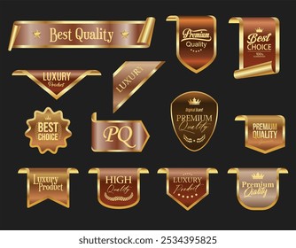 Gold and bronze luxury labels and badges premium quality certificate ribbons vector illustration 