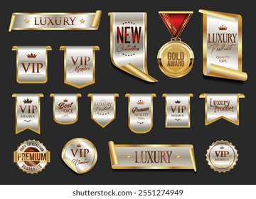 Gold and bronze luxury labels and badges premium quality certificate ribbons vector illustration