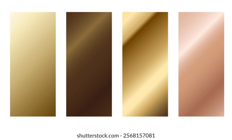 Gold, bronze and pink gold foil texture gradation swatch set. Vector golden elegant, shiny and metalic gradient template for border design, frame, ribbon, label. Rose gold, copper background