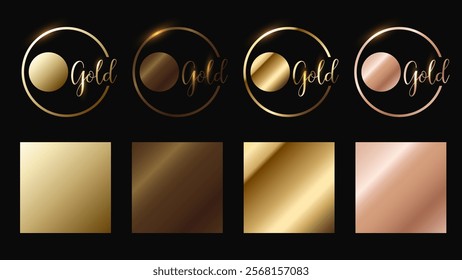 Gold, bronze and pink gold foil texture gradation swatch set. Vector golden elegant, shiny and metalic gradient template for border design, frame, ribbon, label. Rose gold, copper background