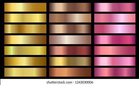 Gold, bronze, rose gold metallic foil texture vector gradients set. Golden metallic pink, beige gradient colorful illustration gradation for backgrounds, banner, user interface, flyers, ribbon, medal