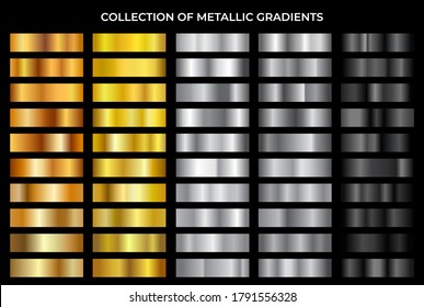 Gold, bronze, silver and black texture gradation background set. Vector metallic gradients. Elegant, shiny and bright gradient collection for chrome button, frame, ribbon, border, label design.