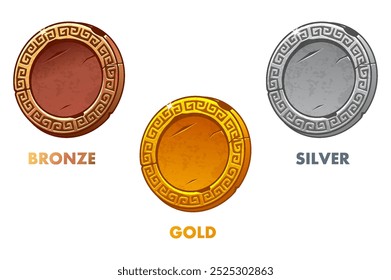 Gold, bronze and silver coins with ornament. Blank coins template for your design. Blank medals. Round icons for 2D game or slots