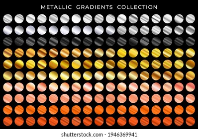 Gold, bronze, silver, copper, gold rose and black texture gradation background set. Vector metallic gradients. Elegant, shiny and bright gradient collection.