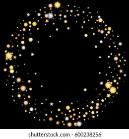 Gold Bronze silver gradient stars and planets confetti. Bagel shape on black background.