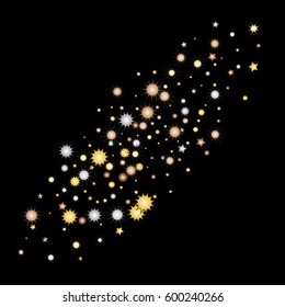 Gold Bronze silver gradient stars and planets confetti on black background.