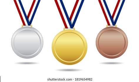 Gold, bronze and silver medal. Award with ribbon. Trophy for winner and champion. Emblem for championship. Icon on competition and ranking. 1, 2, 3 places in sport. Reward isolated. Vector.