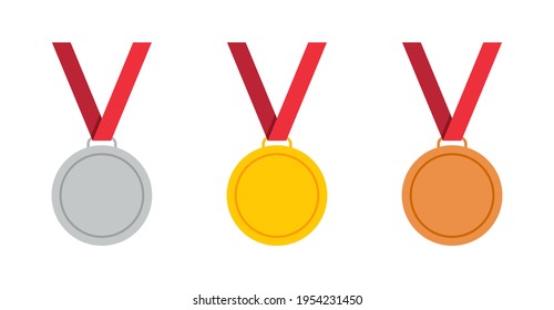 Gold, bronze and silver medal with ribbon. Icon of award. Gold medal for 1st place in olympic games. Prize for winner. Golden award for sport in flat style. Badge for victory and ceremony. Vector.